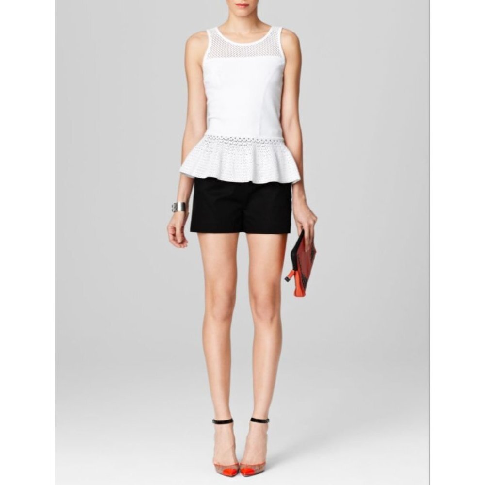 $275 An Original MILLY of NEW YORK White PEPLUM Knit CROCHET Rainey TOP ( M )